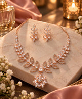 Rose Gold Floral Crystal Necklace & Earrings Set – Elegant Leaf & Bloom Statement Jewellery