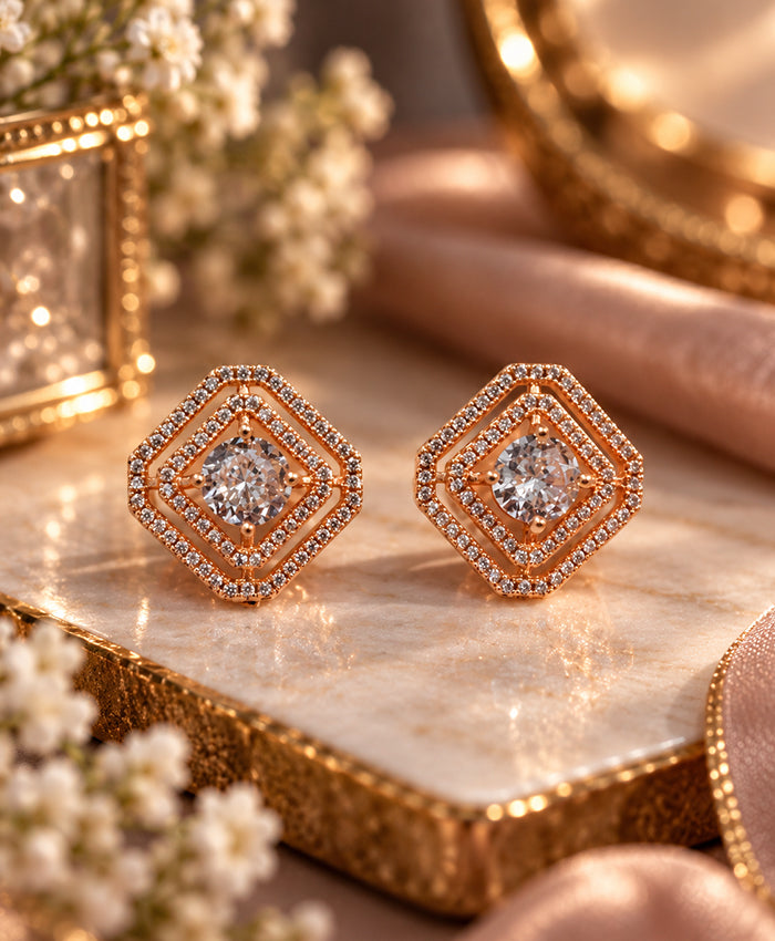 Rose-Gold Geometric Pavé Stud Earrings