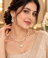 Rose Gold Pavé Link Necklace Set with Oval Halo Pendant