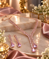 Rose-Gold Pink Crystal Teardrop Necklace & Earrings Jewellery Set