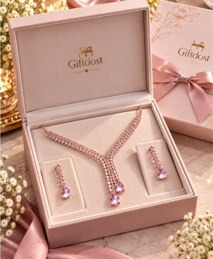 Rose-Gold Pink Crystal Teardrop Necklace & Earrings Jewellery Set