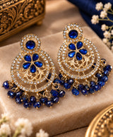 Royal Blue Floral Crystal Chandelier Earrings with Beaded Fringe