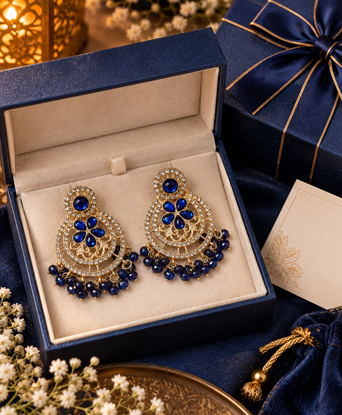 Royal Blue Floral Crystal Chandelier Earrings with Beaded Fringe