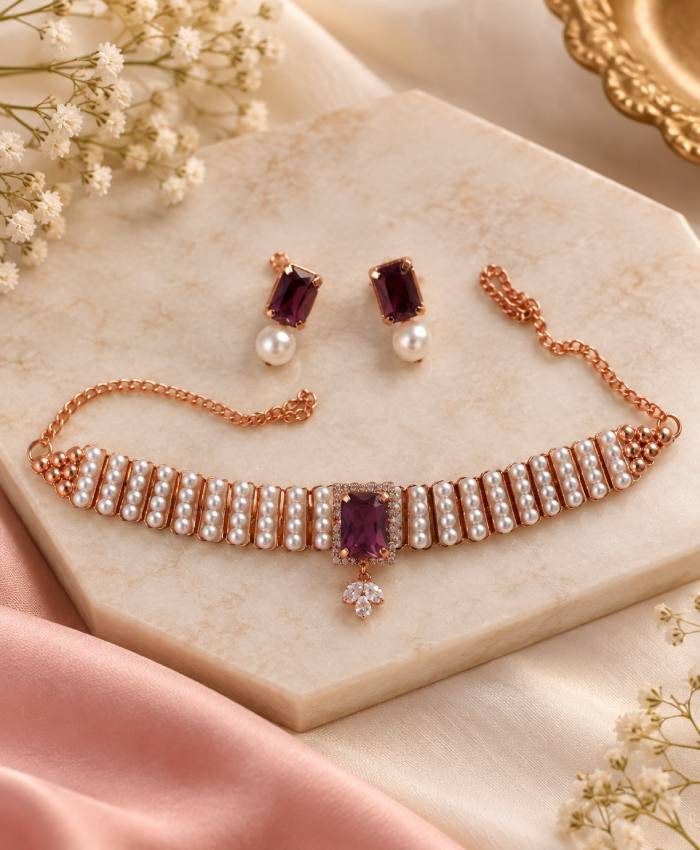 Royal Pearl & Burgundy Gemstone Choker Necklace Set