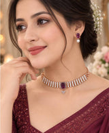 Royal Pearl & Burgundy Gemstone Choker Necklace Set