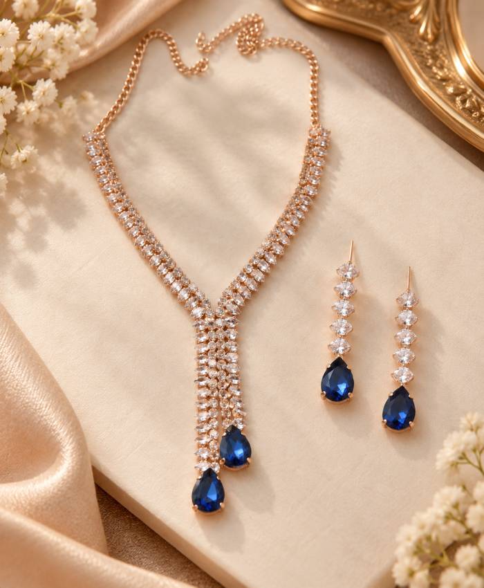 Royal Sapphire Blue Crystal Necklace Set with Matching Drop Earrings