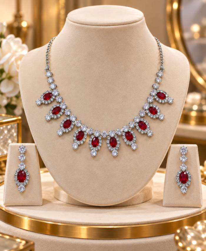 Ruby Red Crystal Necklace & Earrings Set