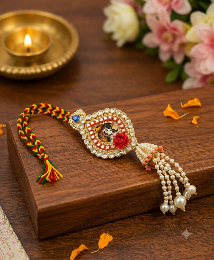 Radha Krishna Pearl Designer Lumba Rakhi