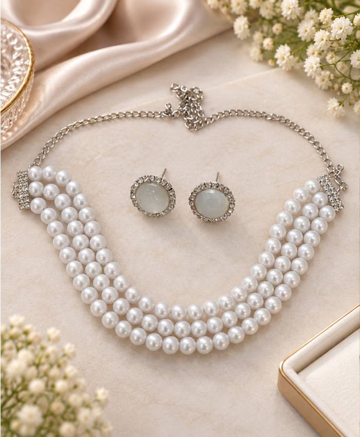 Elegant Three-Strand Pearl Necklace & Crystal Halo Earrings Set
