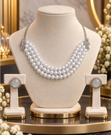 Elegant Three-Strand Pearl Necklace & Crystal Halo Earrings Set