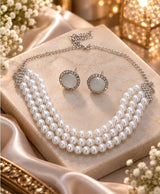 Elegant Three-Strand Pearl Necklace & Crystal Halo Earrings Set