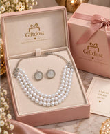 Elegant Three-Strand Pearl Necklace & Crystal Halo Earrings Set
