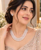 Elegant Three-Strand Pearl Necklace & Crystal Halo Earrings Set