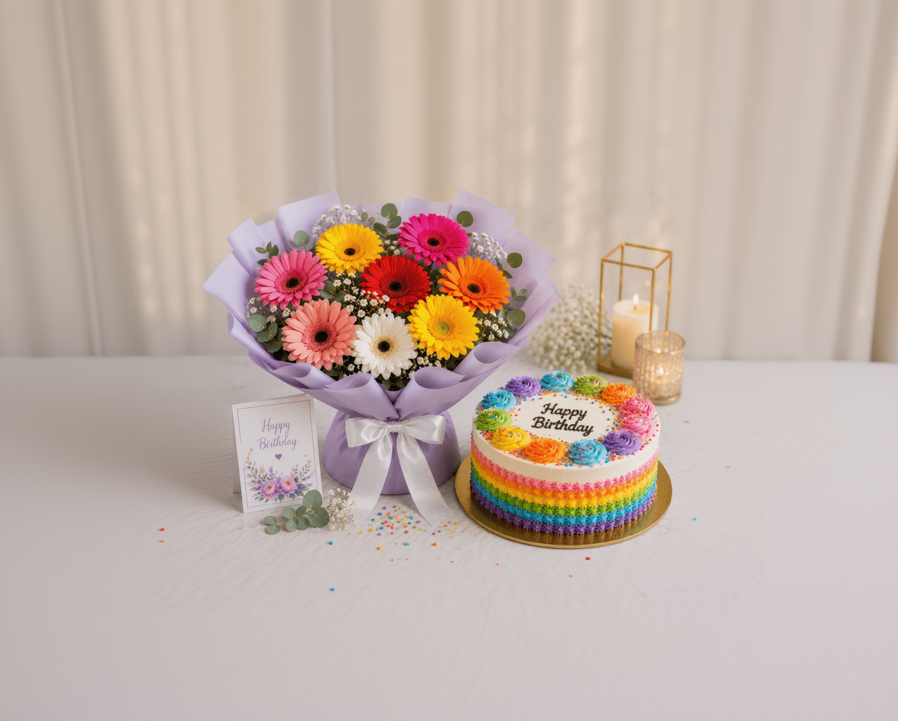 Vibrant Gerbera Bouquet & Rainbow Birthday Cake Combo