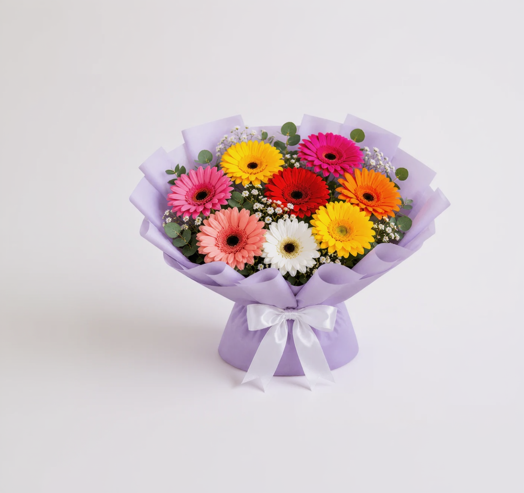 Vibrant Gerbera Bouquet & Rainbow Birthday Cake Combo