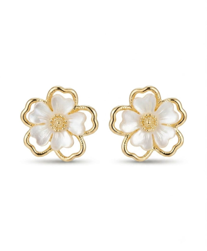 White Floral Gold-Tone Stud Earrings