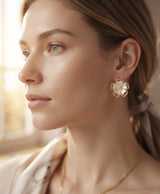 White Floral Gold-Tone Stud Earrings