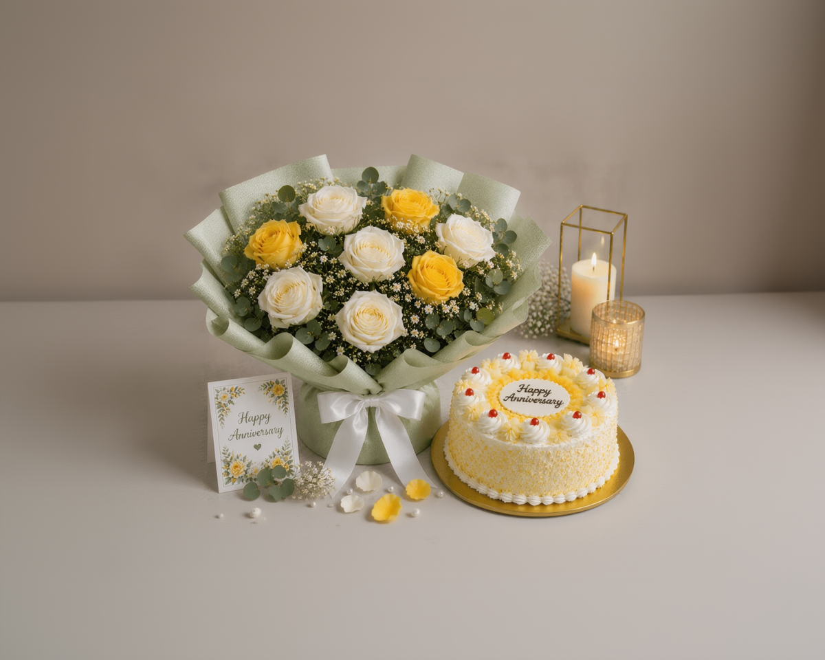 Yellow & White Roses Pineapple Anniversary Celebration Combo